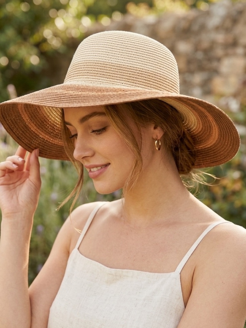 NWT Time and Tru Ombre Straw Sun Hat Wide Brim Neutral Boho Beach